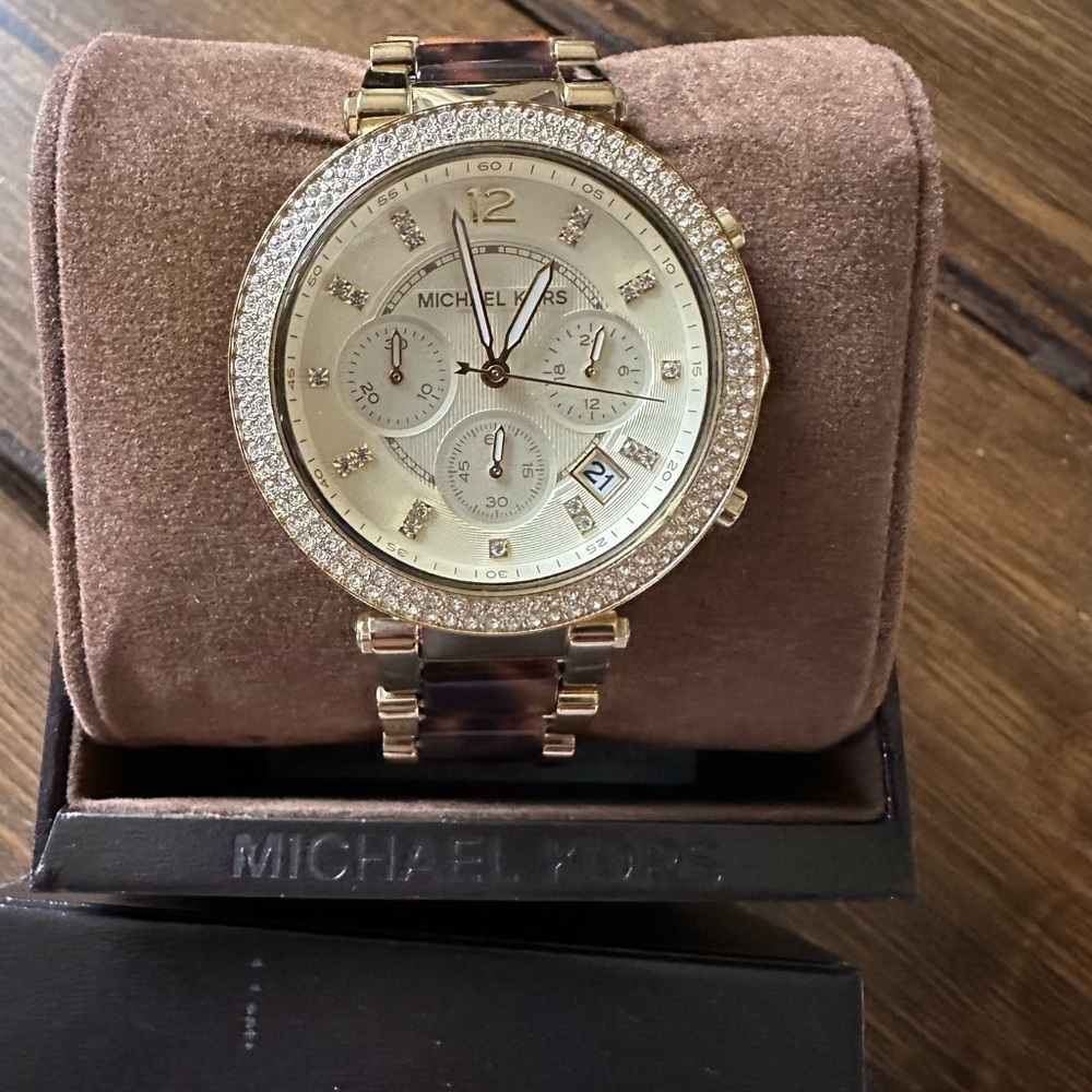 Michael Kors Gold and Brown Watch with Crystal Details